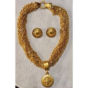 Carolee Gold Tone 9 Strand Medallion Cross Collar Necklace With Earrings Signed